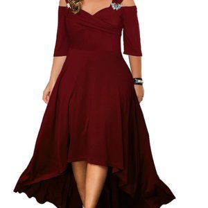 Plus Size Curve Party/Swing Formal Dress Solid Color Midi Dress     4XL     WINE